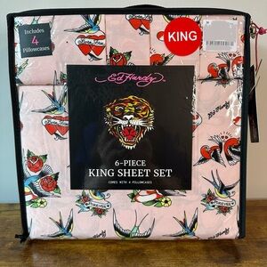 New Ed Hardy King 6 Pc Double Brushed Sheet Set Pink Rose Bird Bedding Y2K
